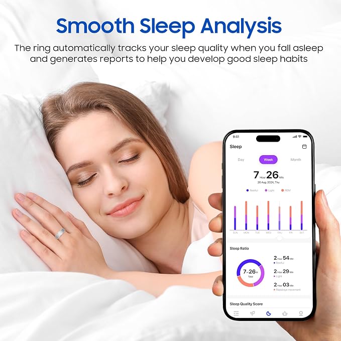 Smart Health Ring Fitness Tracker with Stress & Sleep Monitoring, Waterproof Activity Tracker, Compatible with iOS & Android, No Subscription Fee, Lightweight Wearable for Women & Men (Silver, 7)