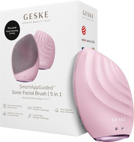 GESKE SmartAppGuided™ Sonic Facial Brush 5 in 1 | Vibrating Electric Facial Cleansing Brush | Soft Silicone Brush | Professional Facial Cleanser | Skin Cleanser & Exfoliator | Face Massager