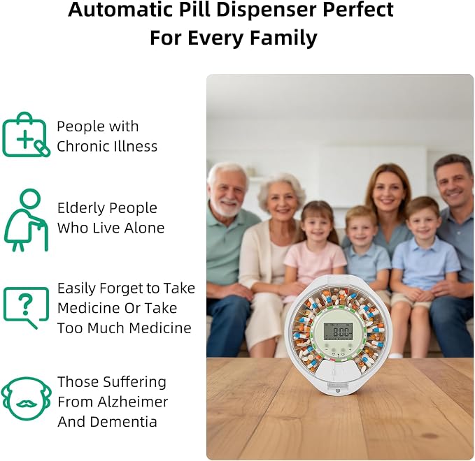 Bluetooth Automatic Pill Dispenser with App/Sound/Light Reminder for Elderly & Caregivers - Up to 9 Alarms/Day, Medication Track History, Front Security Lock & Ergonomic Flip Lid