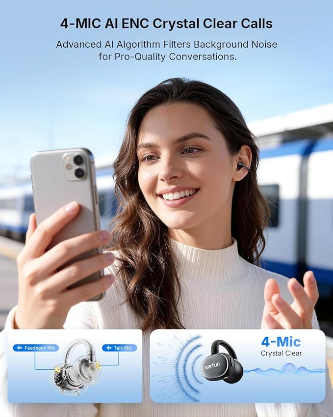 EarFun Clip 2 Open Ear Earbuds, Clip On Headphones, LDAC, Hi-Res Audio, 12mm Titanium Driver, 4 Mics AI Clear Call, AI Translation Earbuds, Secure Fit, 40H Playtime, Bluetooth 6.0 for Running, Workout