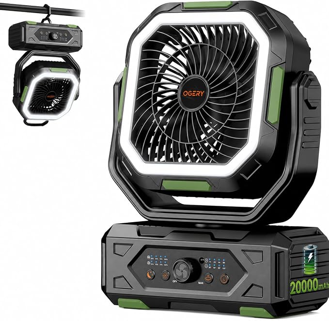 OGERY Camping Fan, Portable Fan Rechargeable with 20000mAh Battery, Stepless Speed Control, Fast Charging, Remote & LED Lantern for Tent, Travel, Car Camping, Camping Essentials