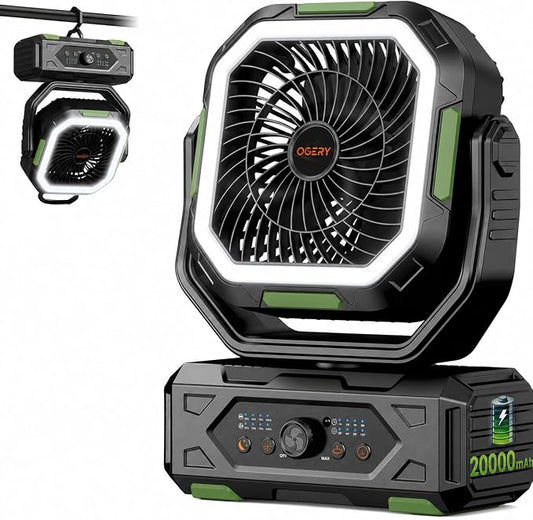 OGERY Camping Fan, Portable Fan Rechargeable with 20000mAh Battery, Stepless Speed Control, Fast Charging, Remote & LED Lantern for Tent, Travel, Car Camping, Camping Essentials