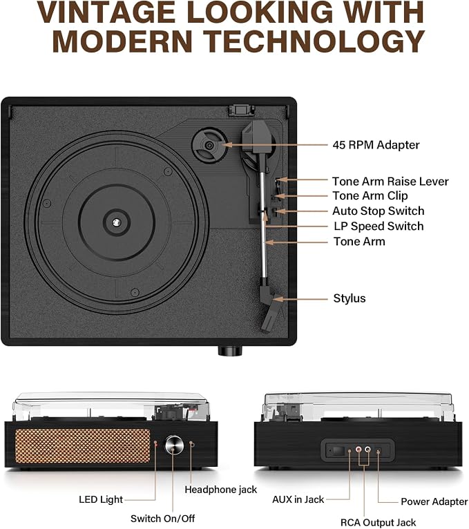Record Player for Vinyl with 2 Build-in Speakers LP Vinyl Players Belt-Driven Vintage Turntables 3 Speed 3 Size, Wireless Bluetooth Playback, AUX-in, RCA Out, Headphone, Auto Stop