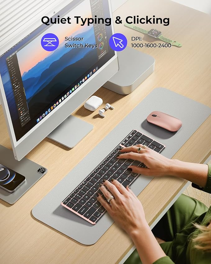 seenda Bluetooth Keyboard and Mouse Combo for Mac, SKM64-2 Rechargeable Silent Wireless Keyboard Mouse Compact Slim, 3 Multi-Device Connection, Compatible for Mac MacBook Pro/Air iPad, Black Rose Gold