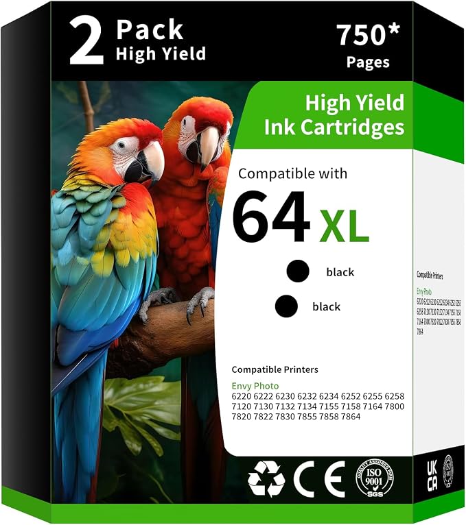 Caelum 64XL High Yield Ink Cartridge Replacement for Combo Pack HP 64XL HP64XL to Use with HP Envy Photo 7855 7858 7155 7120 7800 6252 6255 7158 7100 7164 (2 Pack, Black)