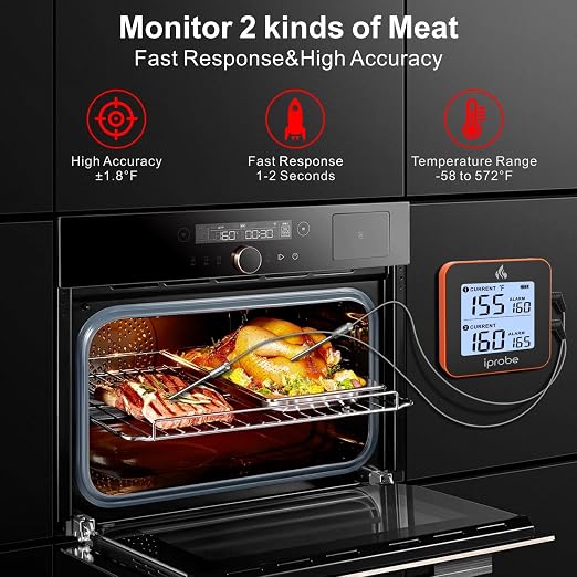 600 ft Range Digital Wireless Meat Thermometer with 2 Probes - Bluetooth & Rechargeable for Grilling Smoker Turkey, Fish, Beef