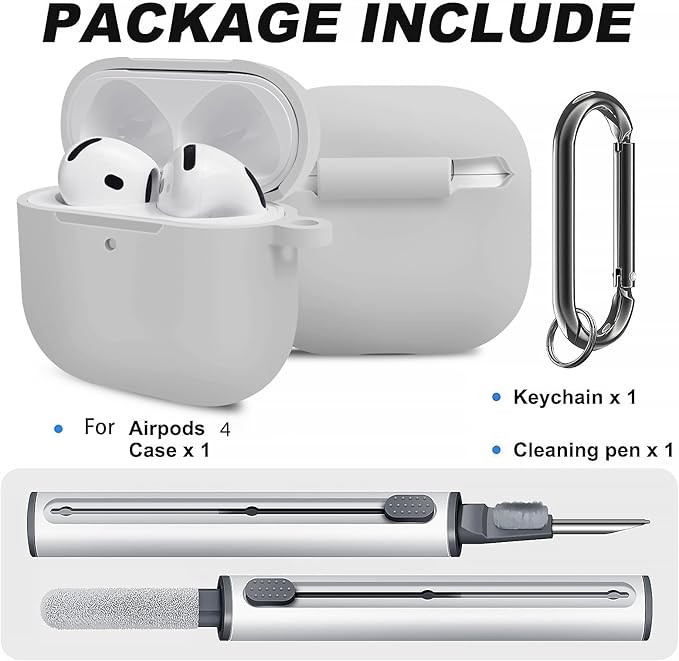 for Airpods 4th Case Cover, Come with Cleaner Kit,Soft Skin Silicone Case Cover with Keychain, Full Protective Case for Men and Women, Compatible with AirPods 4th Generation Case,Grey