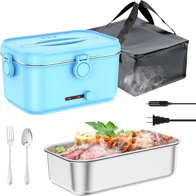 Heated Electric Lunch Box for Adults, 80W Portable Food Warmer with 1.8L Stainless Steel Container, Utensils, Carry Bag & Leakproof Lid, 12V/24V Car/Truck & 110/120V Home/Office (Light Blue)