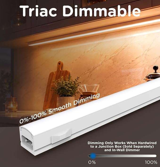 Under Cabinet Lighting Plug in, Dimmable 3CCT 3000/4000/5000K AC120V Super Bright Ultra Slim Linkable LED Counter Lights for Kitchen, Shelf, Closet, Cupboard, White 24 inch 1Pack