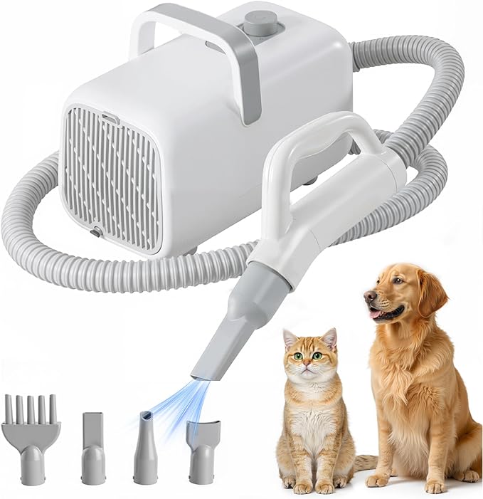 Dog Hair Dryer, Low Noise Pet Dryer for Cats, 1550W High Velocity Pet Blow with Heater for Grooming, Dogs Other Animals Hair Trimmer, White