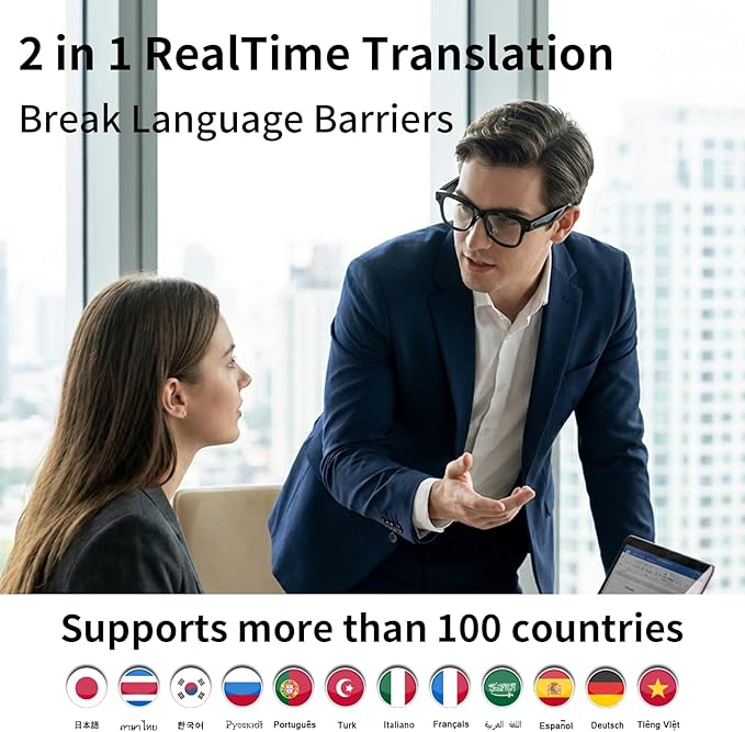 AI Smart Glasses with Camera Stabilization - 8MP POV Video Recording, Real-Time AI Translation, Smart Assistant, Dual-Mic Noise Canceling for Travel & Meetings - Anti-Blue Light, Beige Frame
