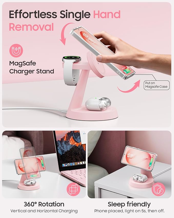 Meifigno Magnetic Wireless Charger for Samsung, 3 in 1 Charging Station Compatible with MagSafe Samsung Charger for Galaxy S26 Ultra S25 Z Fold7/Flip7, Charger Stand for Galaxy Watch Ultra 8 7, Pink