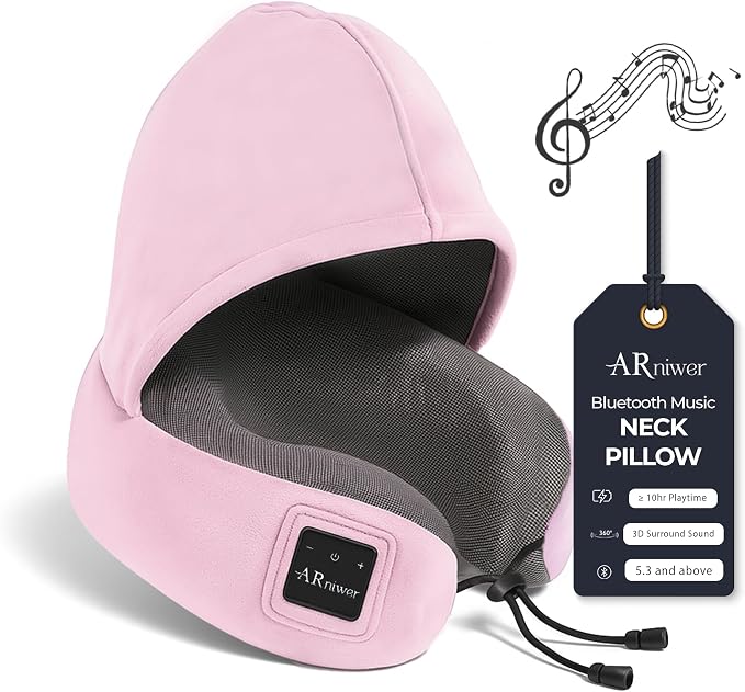 Bluetooth Music Semicircular Neck Pillow with Hood Wireless Bluetooth Speaker Suitable Airplane,Car,Office,and Outdoor Camping for Sleeping, Resting The Best Travel Essentials. (Pink)