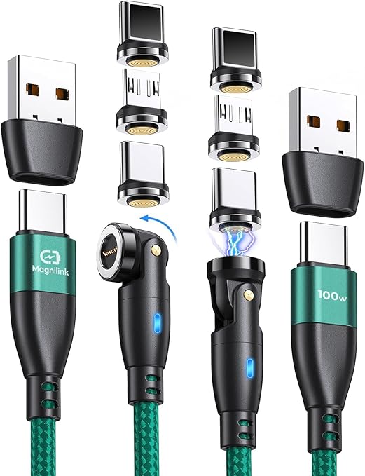 Magnilink 360 PRO 100W Magnetic USB C Phone Charger (Pack of 2) - 6 in 1 Magnet Charging Cable Fast Charging & Data - Works with i-Products, Type-C and Micro USB (Forest Green)