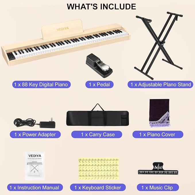 Digital Piano Keyboard 88 key,Semi-Weighted Electric Piano,Full Size Acoustic Piano for Beginners with Pedal, USB-MIDI Compatibility (Apricot)