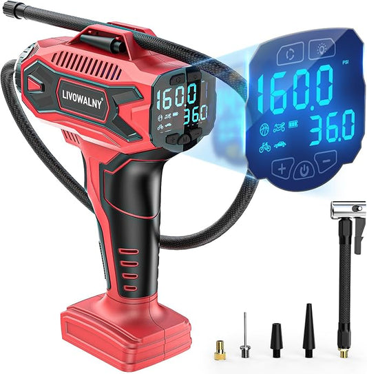 LIVOWALNY Tire Inflator Air Compressor Compatible with Milwaukee 18V Battery, 160PSI Cordless Portable Electric Air Pump with Digital Pressure Gauge for Car Motorcycles Bike Ball Auto (Tool Only)