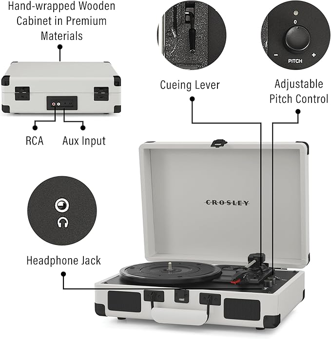 Crosley CR8005DP-WF Cruiser Plus Vintage 3-Speed Bluetooth in/Out Suitcase Vinyl Record Player Turntable, White Farmhouse