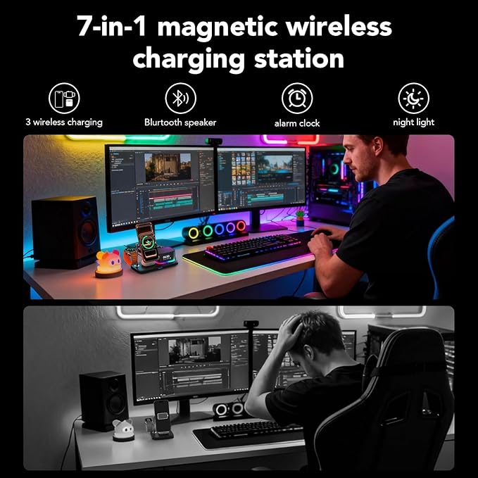 Alarm Clock with Wireless Charging,7 in 1 Charging Station with Night Light,Bluetooth Speakers,Qi2 25W Magnetic Charger for iPhone 17 16 15 14 13 12 Pro Max Plus Apple Watch Airpods,Bedroom