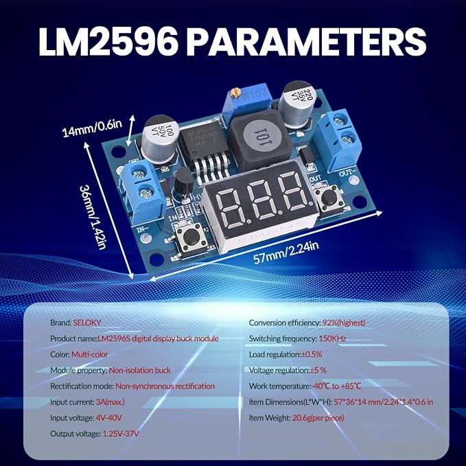 LM2596 Adjustable DC-DC Step-Down Buck Converter Module with LED Voltmeter Display, Voltage Regulator 4.0-40V Input to 1.25-37V Output Power Supply Module (Pack of 3)