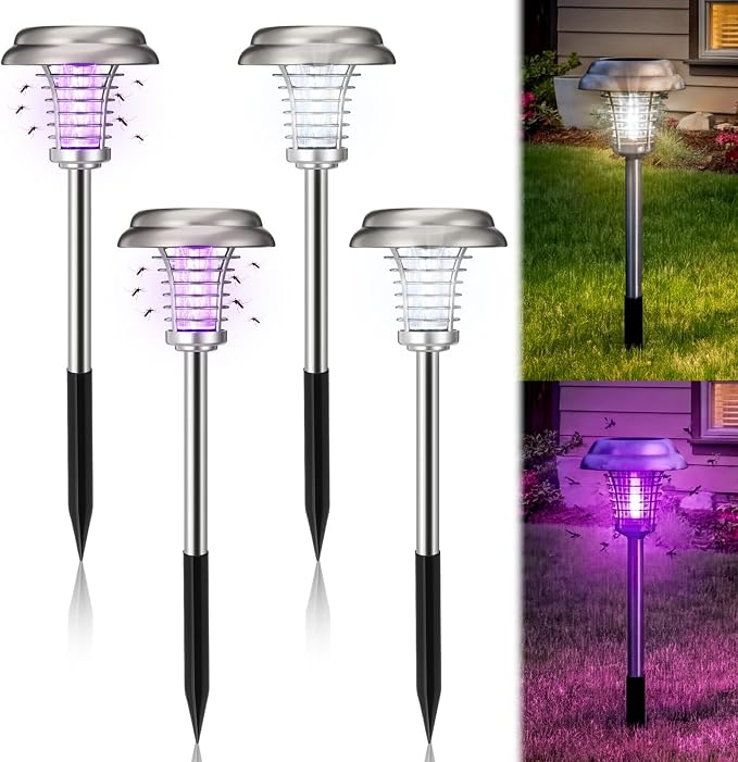 4 Pcs Solar Bug Zapper Outdoor Waterproof Mosquito Repellent Light Solar Power Fly Killer Lamps for Moths, Gnats, Fly, Small Flying Insect Backyard Garden Lawn (Stainless Steel,Purple & White Light)