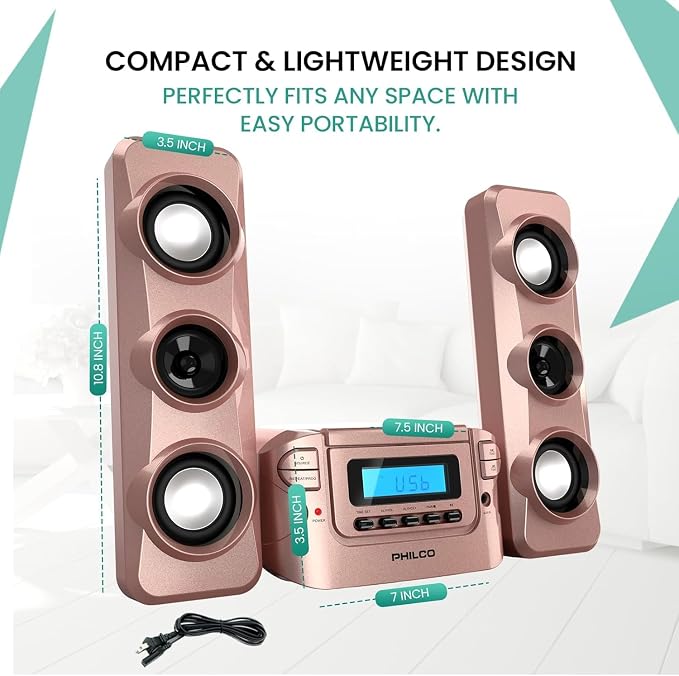 Philco Stereo Shelf Systems Compact CD Shelf System with Digital FM Stereo Radio, Bluetooth Wireless Technology, and Remote Control | LCD Display | MP3 & AUX Port Compatible | USB Playback (Rose Gold)