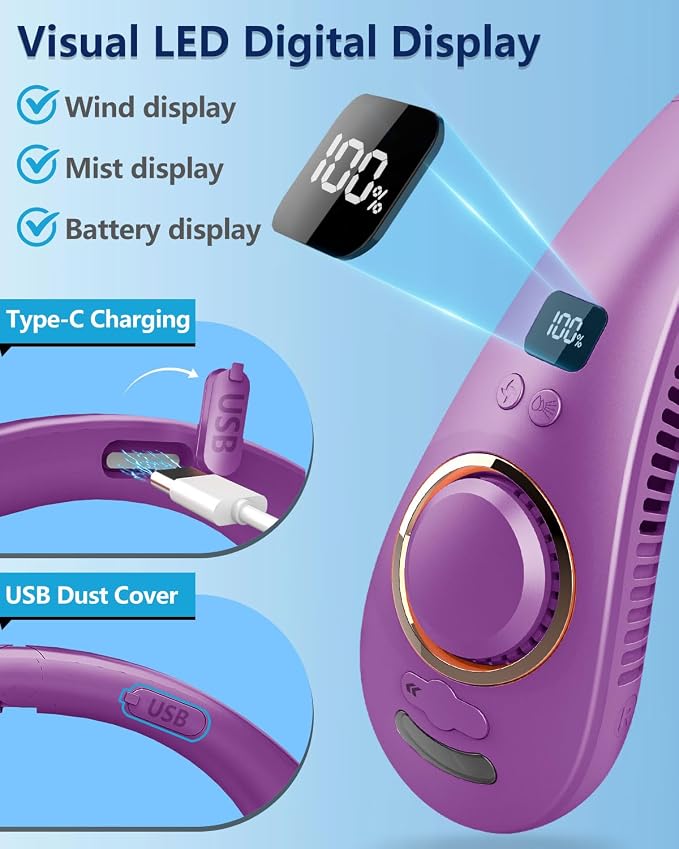 Portable Misting Neck Fans with Water Spray, Rechargeable Long Battery Life, Powerful Air Cooler with LED Display, Personal Compact Wearable Necklace Fan for Kids Adults Elderly Hot Weather, Purple