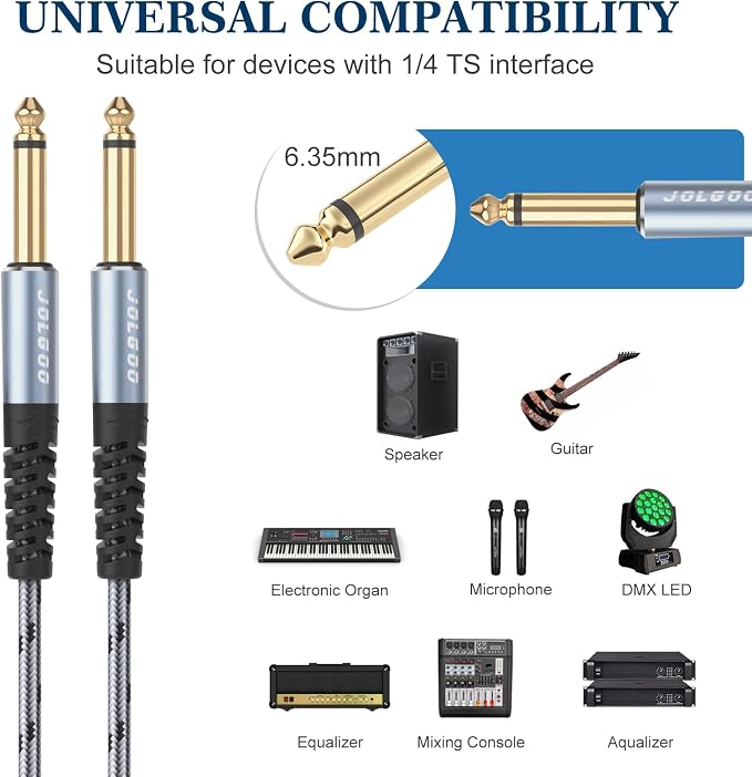 JOLGOO 1/4 Inch Guitar Instrument Cable 3.3 FT 2-Pack, 1/4 inch TS Guitar Cable, Quarter inch Cable, for Electric Guitar, Bass, Keyboard, Mixer, Amplifier, Speaker, Electric Mandolin
