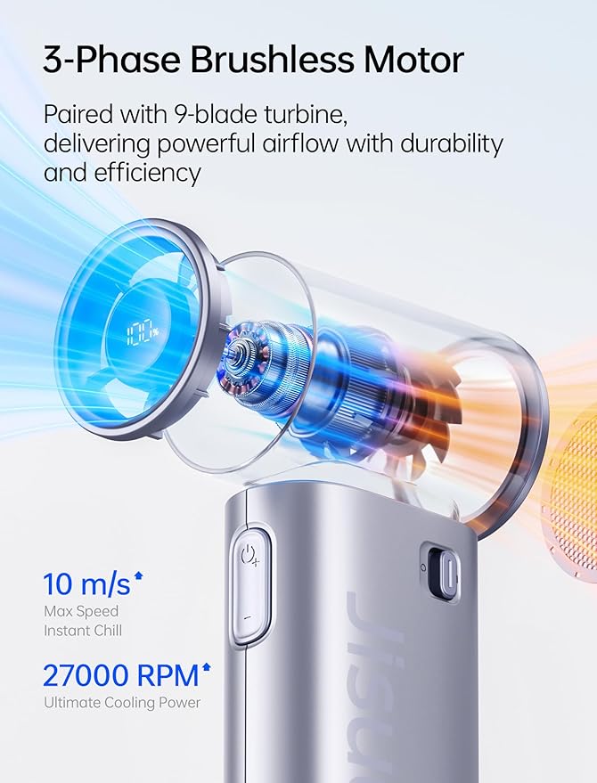 JISULIFE Mini Handheld Fan Life9S - Sleek Chrome: Turbo Power, 22 Hours Cooling, LED Display, 5000mAh, 5-Speed, Small Portable Fan for Travel, Cruise, Concerts, Trendy Gifts for Women Men-Blue