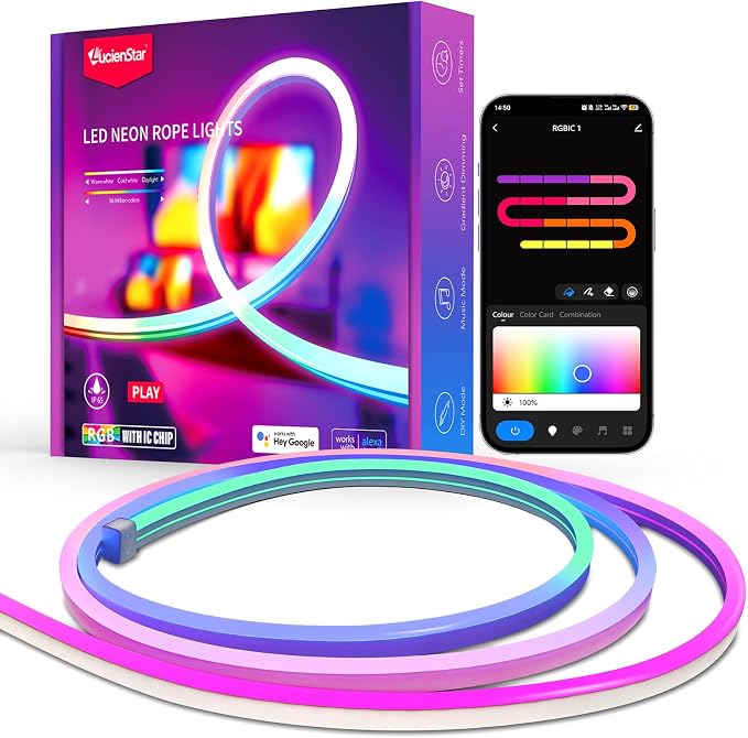 RGB+IC Neon Rope Lights, 16.4 ft Smart LED Rope Light with Music Sync, Works with Alexa, Google Assistant, Custom DIY Flexible Neon Strip Lights for Bedroom, Wall Decor (2.4G WiFi Only)