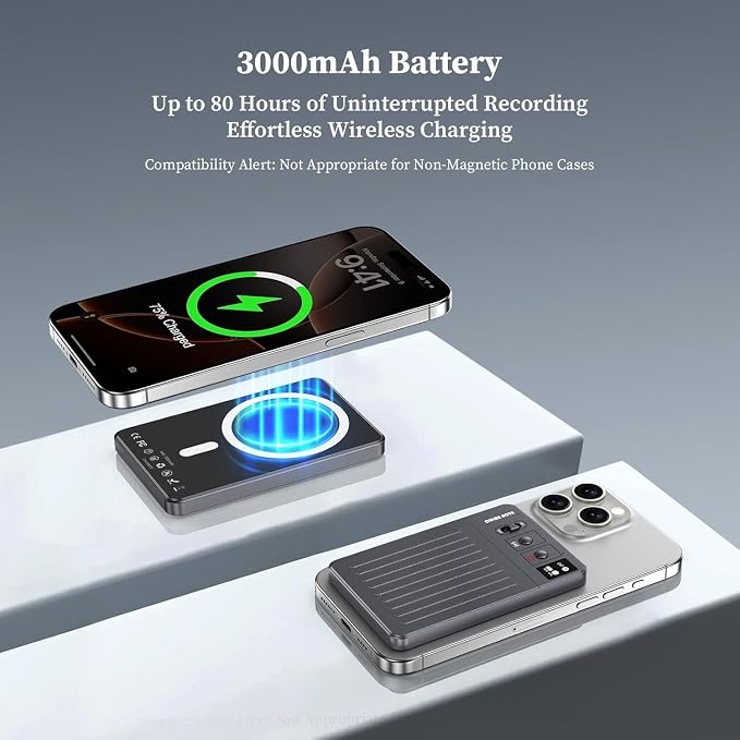 Chime Note AI Voice Recorder - 64GB with Free Transcribe & AI Summary by ChatGPT, APP & Web Control, 121 Languages, Wireless Charging, for Meetings/Calls Gray