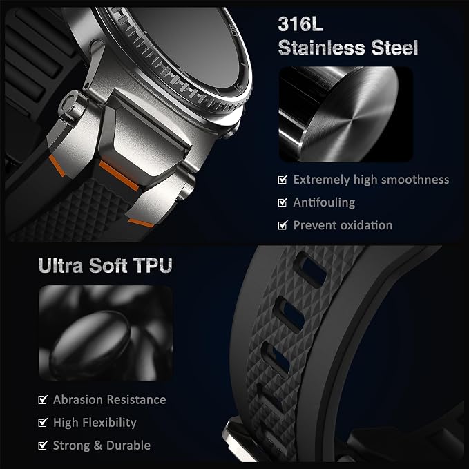 ULTIMAL Rugged TPU Sport Band ONLY for Samsung Galaxy Watch 8 Classic & Galaxy Watch 8 (40/44/46mm), Replacement Strap with Secure Connector, Waterproof Sweat-Resistant, Fit 6.2”-8.9”(Black+Silver)