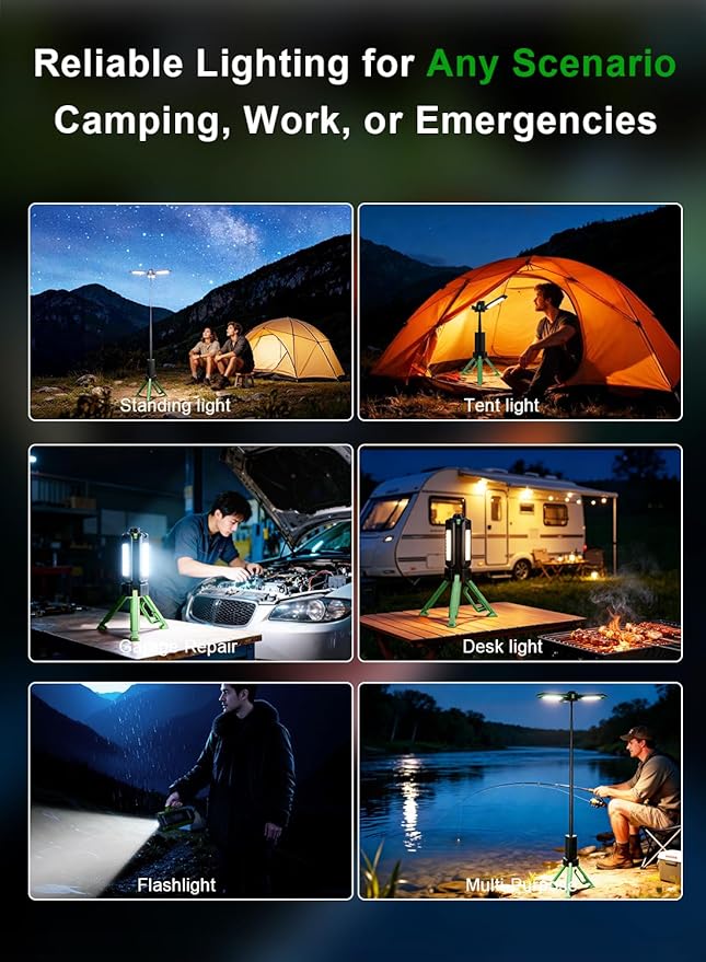 15000mAh Rechargeable Telescopic Camping Light, Portable Flashlight & Lantern with Reinforced Tripod Base, Height Adjustable Dimmable Tent Light, Power Bank for Outdoor BBQ, Hiking, Job Site, Green