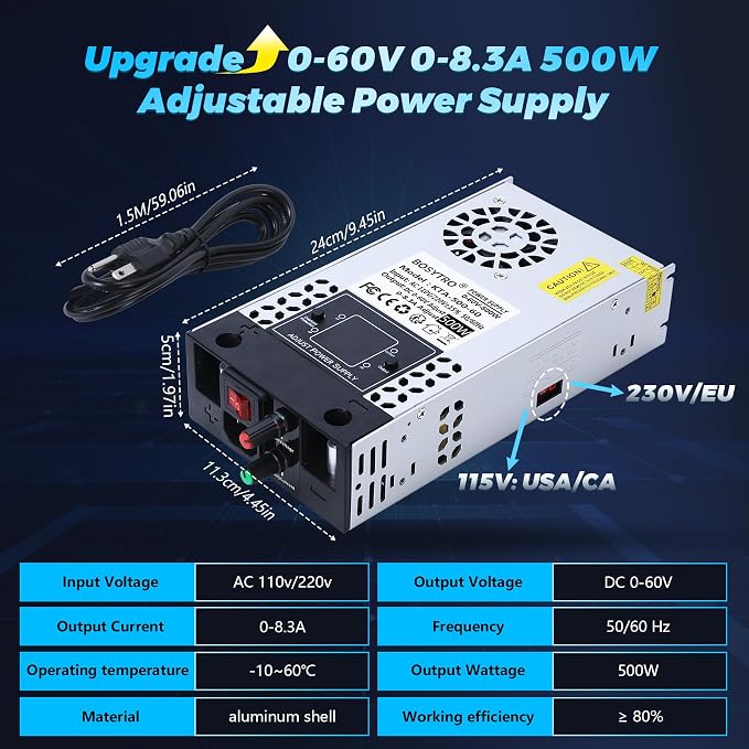 Upgraded AC to DC Converter 5V 12V 24V 30V 48 60v DC Power Supply Adjustable 0-60V 0-8.3A 500W Switching Power Supply for Led Strip, Motor Pump, CCTV, 3D Printer, Lab Computer