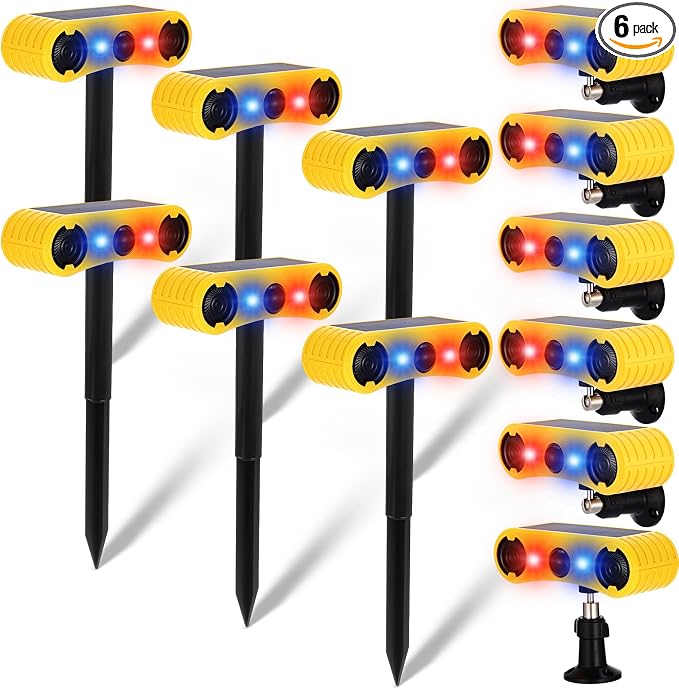 Qualirey 6 Pack Solar Outdoor Motion Sensor Alarm with Stake Animal Deterrent 2 x 129dB Loud Noisemaker 13 Sound Detector Strobe Light, 4 Mode Dog Barking Alarm Sensor on Ground or Fence