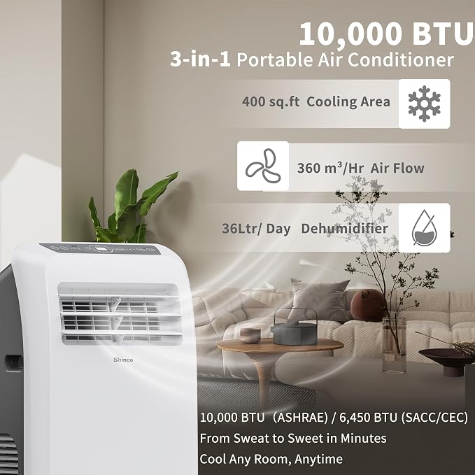Shinco 10,000 BTU Portable Air Conditioner - 3-in-1 Cool/Dehumidifier/Fan for Rooms Up to 400 sq.ft, Remote Control & 24H Timer, Compact AC Unit for Bedroom/Office