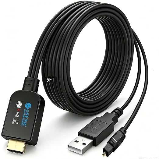 eSynic Professional 192KHZ eARC to Optical Converter-5 ft Long Compact Cable Design-USB Power ARC Audio Extractor-Plug & Play-Dolby5.1 & DTS 5.1 Formats-from HDTV ARC/eARC Ports to Optical Soundbar