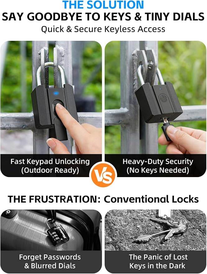 Smart Fingerprint Padlock with Key Backup, Stores 20 Prints, IPX5 Waterproof, Keyless Lock with CR2032 Battery for Gym Locker, Gate, Fence & Shed (Black)