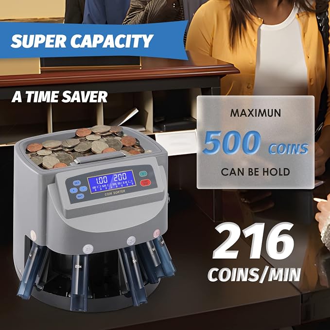 US Coin Counter Machine, Auto Coin Sorter/Wrapper/Roller Machine for Coins 1¢, 5¢, 10¢, 25¢, 1 Dollar, Max. Counting Speed 250 Coins/min, with Coin Bins&Tubes and Coin Roll Wrappers