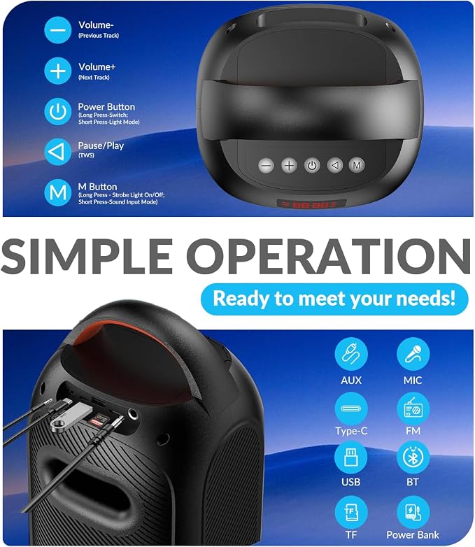 Speakers Bluetooth Wireless- 120dB Loud Sound, Dynamic 8 LED Lights, 5 RGB Modes, Bluetooth 5.3, TWS/USB/TF/AUX/FM/Mic Input, Built-in Handle, Portable Party Speaker for Home, Outdoor, Camping (RGB)