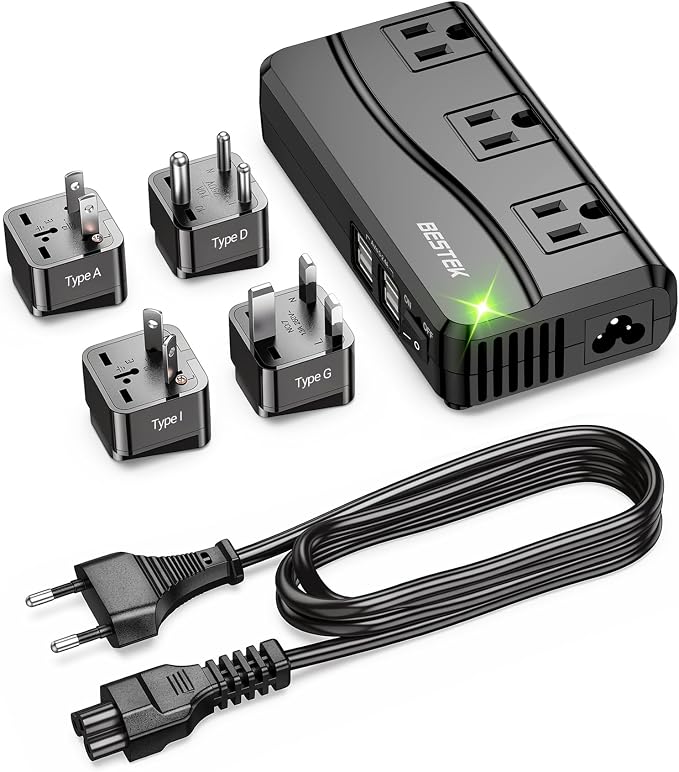 BESTEK Universal Travel Adapter 100-220V to 110V Voltage Converter 250W with 6A 4-Port USB Charging 3 AC Sockets and EU/UK/AU/US/India Worldwide Plug Adapter (Black)