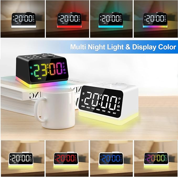 JALL Digital Alarm Clock with FM Radio for Bedroom, 8 Colors Night Light with 2 Charging Port, Sleep Sound Machines with Timer, Dual Alarm, Loud Alarm and Easy to Use for Seniors as Gift