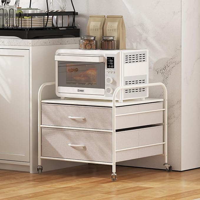 EazeHome Mini Fridge Stand, Fridge Stand with Storage, 2 Drawer Fridge Cart, Organizer Unit for Mini Fridge, Fridge Stand Table, Mini Fridge Table with Swivel Wheels,White