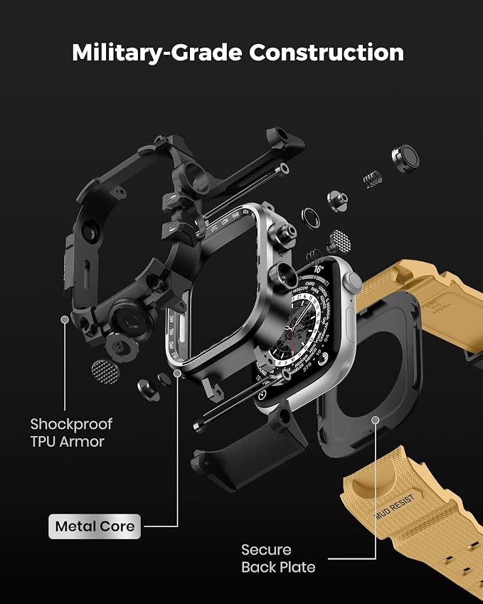 amBand Rugged Case with Band for Apple Watch 45mm, Compatible with Apple Watch (iWatch) Series 9/8/7, Military Grade Shockproof Bumper Cover, Tactical Band for Men, Sand Beige