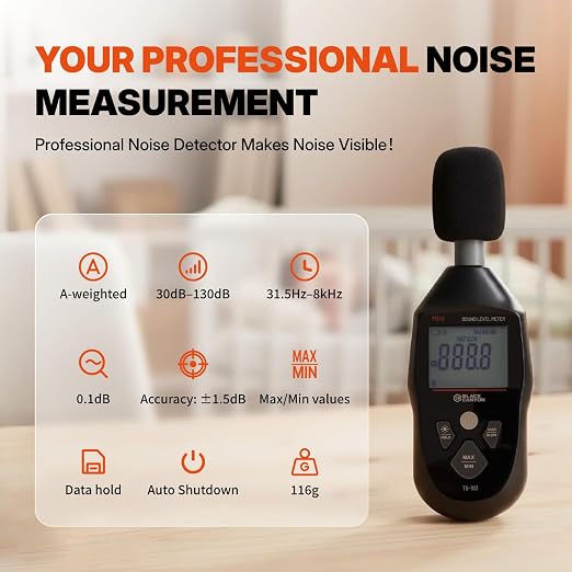 BLACK CANYON Sound Level Meter – Digital DB Meter, Sound Decibel Meter, Decibel Reader, Noise Decibel Reader, 30–130dB, 30Hz–8kHz, A-Weighting,Auto Power-Off, LCD Display (Classic Black)