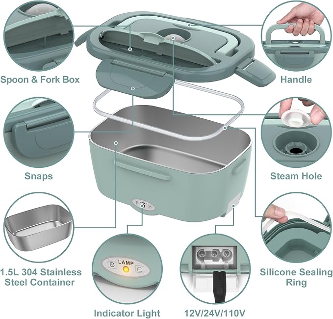 WisaKey Electric Lunch Box Food Heater, 80W Heated Lunch Box for Adults, 12V 24V 110V Portable Food Warmer LunchBox for Car Truck Work with Container, Carry Bag Gifts Fathers Day for Dad Husband Men