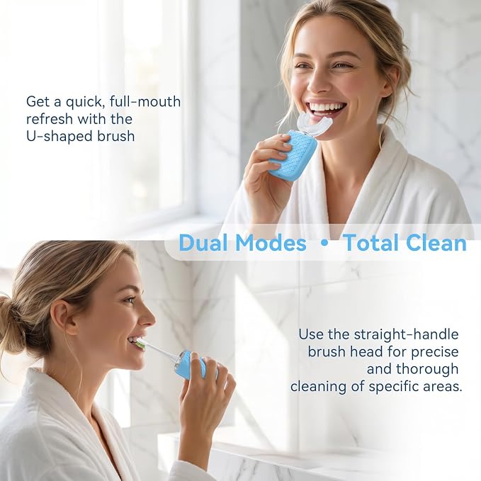 Sonic Electric U Shaped Toothbrush for Adults, Automatic Full Mouth Cleaning Toothbrush, 360° Stain Removal, IPX7 Waterproof Rechargeable, 3 U-Shape & 2 Straight Brush Heads (Blue-Cup)