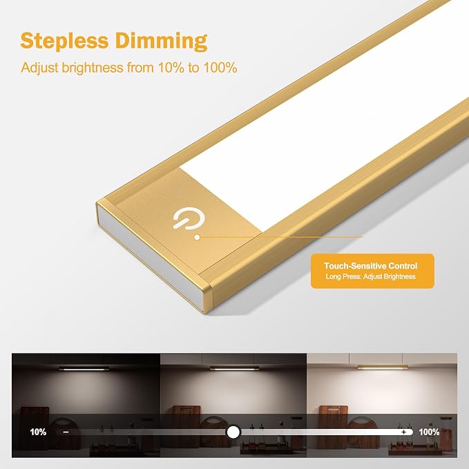 V4light Under Cabinet Light, Rechargeable Magnetic LED Bar with 1800mAh, Gold Aluminum Motion Sensor Lighting Indoor, Dimmable 3 Color Temperatures for Kitchen, Closet, Shelf & Stair (9 in)