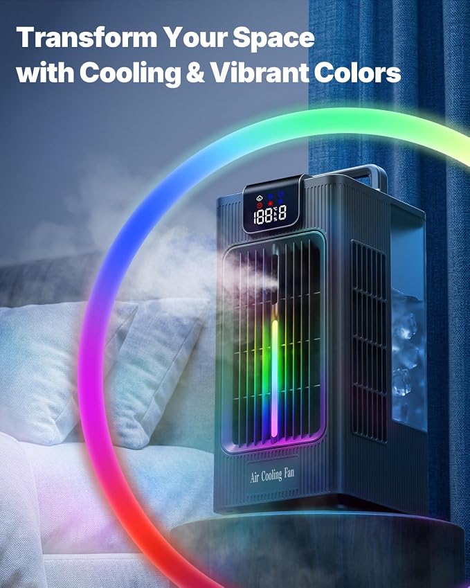 Mini Portable Air Conditioner Cooler: 2000ml Air Cooling Fan with 120°Oscillating - 3 Mist Modes & 4 Speeds, RGB Night Light, 1-8H Timer Remote Control - for Bedroom, Room, Desk