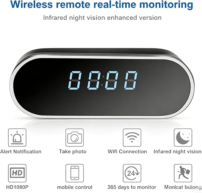 Hidden Camera Clock WiFi Spy Camera – 1080P Wireless Nanny Cam with Motion Detection, Night Vision, Remote Live Streaming via App, Indoor Security Camera for Home Office