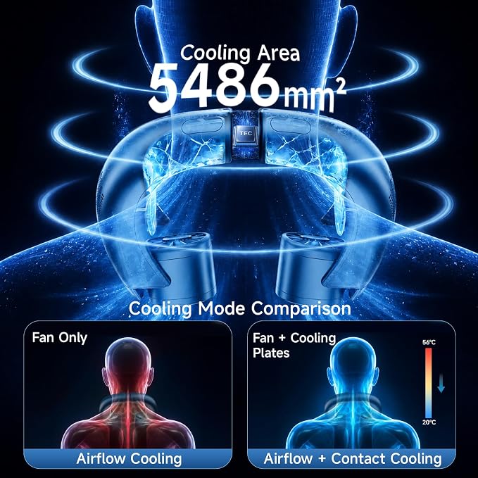 Portable Neck Fan with Cooling Plates, 6000mAh Rechargeable Wearable Fan with 1-100 Speed Control, Hands-Free Personal Cooling Fan with Digital Display, Adjustable Air Outlets for Travel Outdoor-Blue